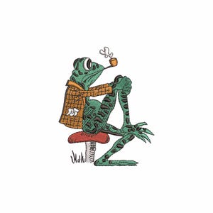 May include: A green frog wearing a brown and orange plaid jacket sits on a red mushroom with a pipe in its mouth. The frog is looking to the right.