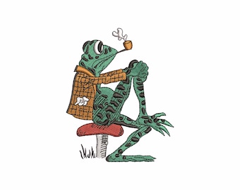 Relaxed Frog Embroidery Design, Funny Toad Embroidery Files, Mushroom Embroidery Patterns, Machine Embroidery Designs