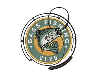 Może przedstawiać: Naszywkę haftowaną w kolorze zielonym i żółtym z rybą okoniem i tekstem "Bass Fishing Club".
