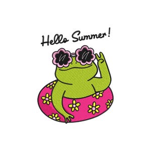 May include: A green frog wearing pink sunglasses and a pink and yellow floral inner tube. The frog is waving with its right hand. The text "Hello Summer!" is above the frog.