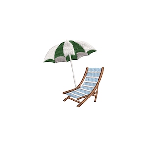 Può includere: Un disegno ricamato di una scena sulla spiaggia con un ombrellone a strisce verdi e bianche e una sedia a sdraio in legno con tessuto a righe blu e bianche. La sedia è angolata, suggerendo relax.