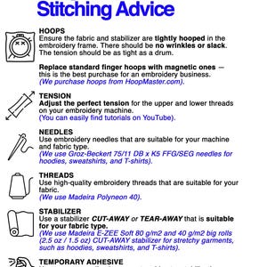 May include: A blue and white graphic with the text "Top Stitching Advice." The image provides tips for embroidery, including hoops, tension, needles, threads, stabilizer, and temporary adhesive. It also includes a website address for more information.