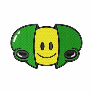 May include: A green and yellow smiley face with black eyes and a black mouth. The smiley face is split in half with each side being a green circle with a black outline.