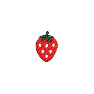 May include: An embroidered strawberry patch featuring a bright red fruit body with white stitched seeds and a dark green stem at the top. The design uses dense thread work to create a textured appearance for the fruit and the leafy green crown.