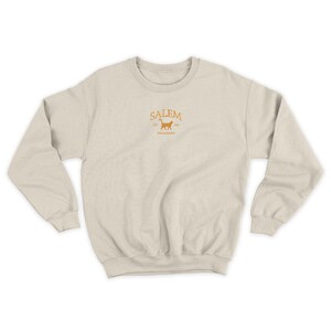 K&ouml;nnte beinhalten: Ein hellbeiger Pullover mit einem goldenen Stickmuster, das den Text "SALEM" mit einer Katzensilhouette und den Text "Massachusetts" darunter zeigt.