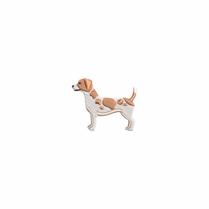 Könnte beinhalten: Gesticktes Hunde-Design in Weiß, Braun und Beige. Der Hund steht und blickt nach links, mit einem weißen Körper und braunen Flecken. Der Kopf und die Ohren des Hundes sind braun, und der Schwanz ist weiß.