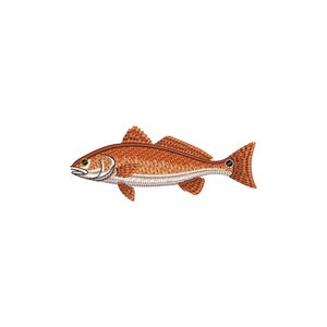 May include: Embroidered patch of a redfish, featuring shades of orange and brown. The fish has detailed scales, fins, and a tail, with a white underbelly and a dark eye. The patch is designed to be sewn or ironed onto fabric.