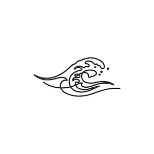 Puede incluir: Un dibujo lineal negro minimalista de una ola oceánica estilizada. La ola se corona y se riza, con pequeños puntos que representan gotas de agua. El diseño es simple y elegante, adecuado para diversas aplicaciones.