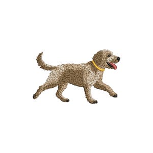 May include: A digital illustration of a running dog with light brown fur and a yellow collar. The dog has its tongue out and is set against a white background. The dog's fur has a textured appearance.