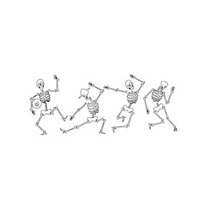 Pu&ograve; includere: Quattro scheletri che ballano in fila. Gli scheletri sono disegnati in arte di linea nera e sono in varie pose.