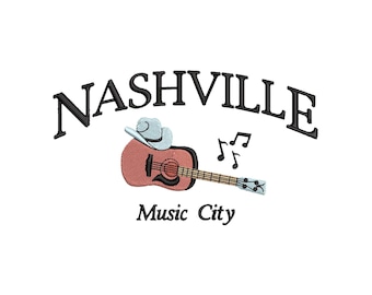 Nashville embroidery design, Music City embroidery files, USA country machine embroidery designs, Guitar western embroidery pattern