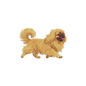 May include: An embroidered design of a Pekingese dog in shades of gold and brown. The dog is depicted in profile, with a fluffy coat, a curled tail, and a black nose and mouth. The dog is walking.