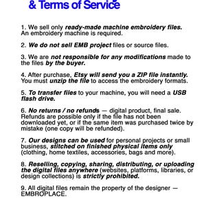 May include: A document titled "Store Policy & Terms of Service" with blue text. The document outlines policies for digital embroidery files, including no refunds, permitted uses, and copyright information. The text also states that by purchasing, the buyer agrees to all terms.