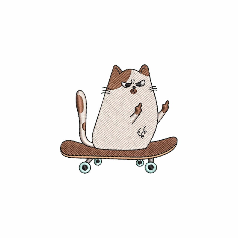 Op de afbeelding: Een witte en bruine kat met een boze uitdrukking rijdt op een skateboard. De kat steekt met beide handen de middelvinger op.