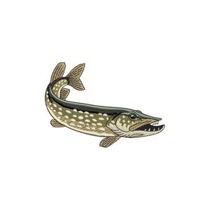 May include: An embroidered design of a pike fish, featuring a long, slender body with a pointed head and sharp teeth. The fish has a dark green back, a light green and tan patterned body, and tan fins. The design is set against a white background.