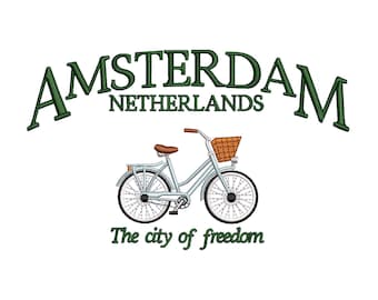Amsterdam Embroidery Design, Netherlands Embroidery Files, Bicycle Embroidery Patterns, Travel Embroidery, Machine Embroidery Designs