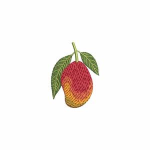 May include: Embroidered mango with a gradient of red and yellow hues. Two green leaves and a stem are attached to the fruit. The design is set against a white background, showcasing the detailed stitching.
