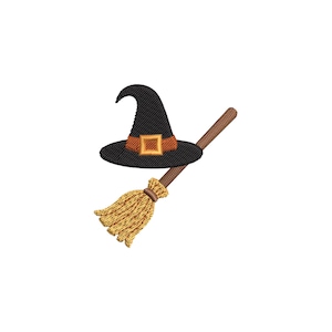 May include: A black witch's hat with a brown band and gold buckle, next to a brown broom with a tan straw head. The hat and broom are set against a white background. This image is perfect for Halloween.