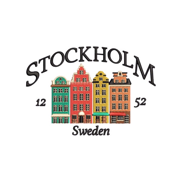 Stockholm embroidery design Sweden colorful houses