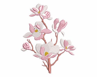 May include: An embroidery design featuring a magnolia branch with multiple blossoms and buds. The flowers display white and soft pink petals with yellow centers, connected by light brown stems, all rendered in a detailed stitched texture.