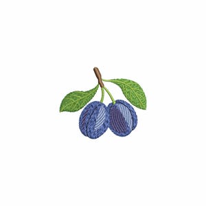 Puede incluir: Diseño bordado de dos ciruelas azules con un tallo marrón y hojas verdes. Las ciruelas tienen un aspecto texturizado, con diferentes tonos de azul. Las hojas son de un verde vibrante y el diseño está sobre un fondo blanco.