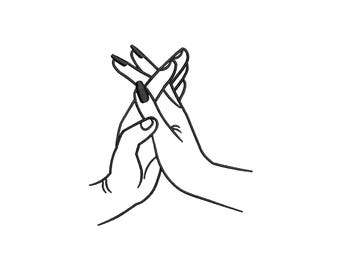 May include: A line drawing of two hands intertwined, with one hand's fingers interlocked with the other hand's fingers.
