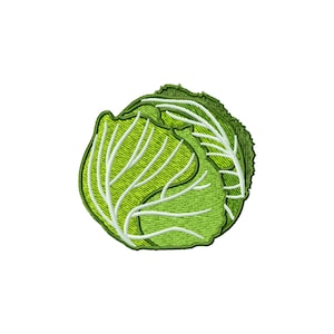 May include: Embroidered patch of a green cabbage with white veins. The cabbage is a vibrant green color with detailed stitching, showcasing the texture of the leaves. The patch is likely for clothing or accessories.