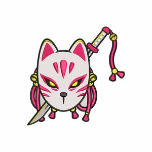 May include: A white fox mask with pink and yellow details, a silver sword with a pink tassel, and a yellow bell.