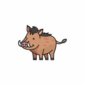 May include: An embroidered patch featuring a cartoon wild boar with light brown fur, a dark brown mane, a pink snout, and white tusks. The design is outlined in thick black thread, showcasing a stylized animal character with four legs and a tail.