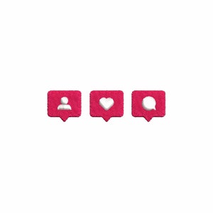 Peut inclure: Trois icônes de médias sociaux roses avec des contours blancs. Les icônes sont une personne, un cœur et une bulle de dialogue.