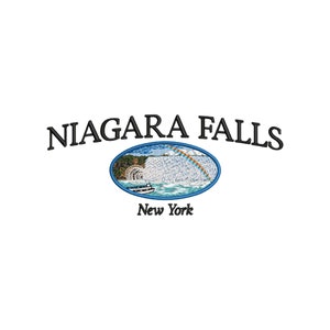 May include: An embroidered patch design featuring the text NIAGARA FALLS in black arched lettering above an oval scene of the waterfall with a rainbow, a boat, and trees, with the text New York in black lettering centered below the oval.
