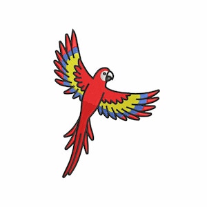 May include: A vibrant red parrot with yellow and blue accents on its wings and tail, set against a white background. The bird is depicted in mid-flight, with its wings spread wide, showcasing a detailed embroidered design.