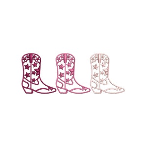 May include: Three embroidered cowboy boots in different shades of pink. The boots have a star pattern.