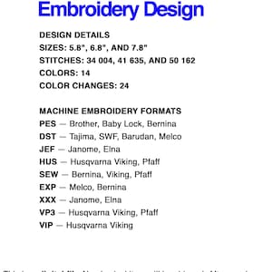 May include: A digital machine embroidery design with the title "Machine Embroidery Design" in blue. Design details include sizes 5.8", 6.8", and 7.8", 14 colors, and 24 color changes. Formats include PES, DST, JEF, HUS, SEW, EXP, XXX, VP3, and VIP.