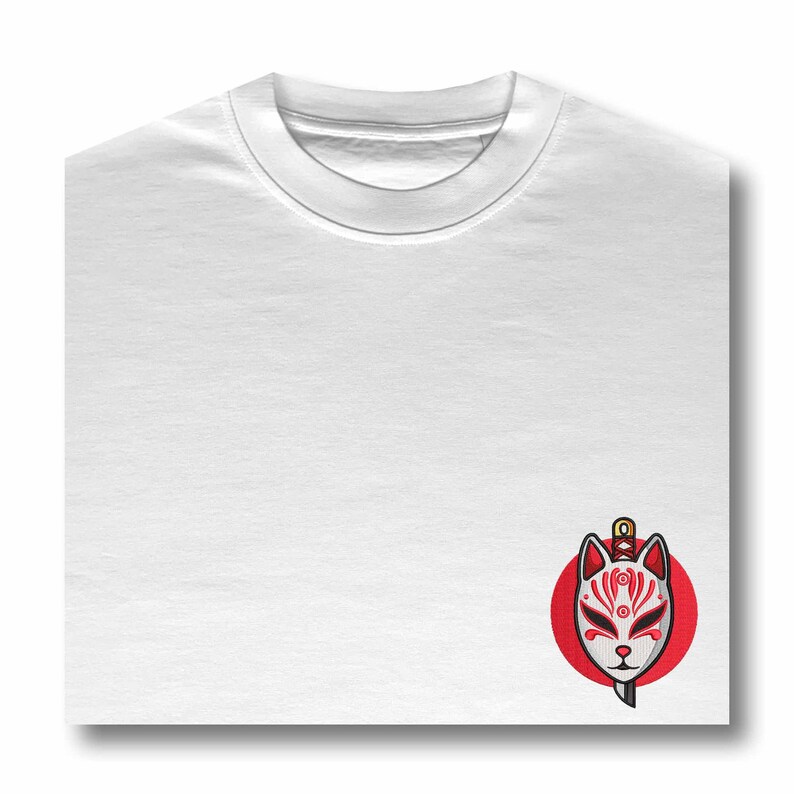 May include: White t-shirt with a red circle and a white fox mask with a sword through it.