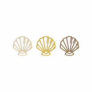 Puede incluir: Tres ilustraciones de contorno de conchas marinas en diferentes colores: beige, dorado y marrón.