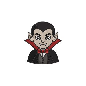 Può includere: Illustrazione digitale di un vampiro dei cartoni animati ricamato. Indossa un papillon rosso, un colletto rosso e un abito nero con gilet grigio. Sfondo bianco.