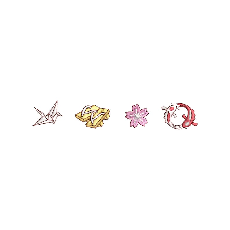 K&ouml;nnte beinhalten: Vier japanische kulturelle Symbole: ein wei&szlig;er Origami-Kranich, ein Paar Holzsandalen, eine rosa Kirschbl&uuml;te und ein rot-wei&szlig;er Koi-Fisch.