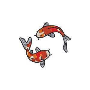 May include: Embroidered patch featuring two koi fish in a circular arrangement. The fish have orange, white, and black markings with gray fins and tails. The patch is designed for application on fabric.