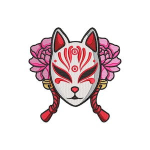 Anime embroidery designs, Machine embroidery designs, Kitsune mask, Embroidery files, Oni mask, Demon mask, Japanese art, digital download