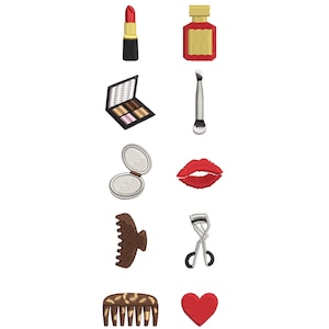 May include: An assortment of embroidered beauty items, including a red lipstick, a makeup palette, a powder compact, and a pair of red lips. Also featured are a makeup brush, a hair clip, an eyelash curler, a comb, and a red heart.