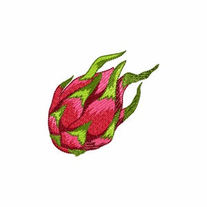 May include: Embroidered dragon fruit design. The fruit is a vibrant pink with green accents and a textured appearance. The design is set against a clean white background, highlighting the colorful details of the tropical fruit.