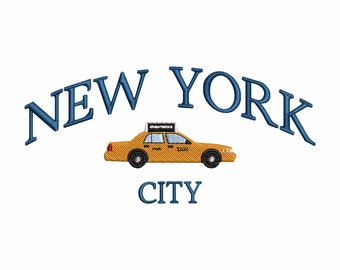 May include: An embroidered design in blue and white with the text "NEW YORK CITY" and a yellow taxi cab illustration.