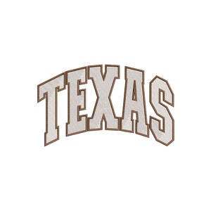 May include: White text with a brown outline that reads "TEXAS" in a large, bold font.