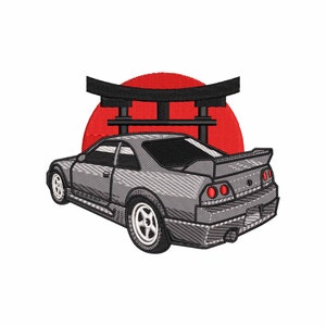 Japanese Sport Car Embroidery Design: Retro Vehicle Torii Gate (Digital File)