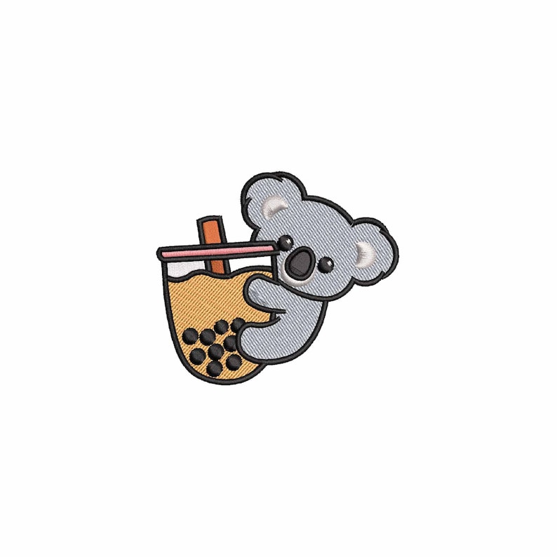 May include: A gray koala bear holding a brown cup with a pink straw and black boba pearls. The koala is drinking from the cup.