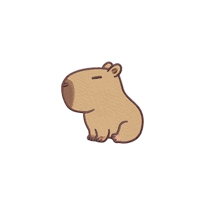 Pode incluir: Um capivara de desenho animado marrom e branco sentado com as pernas cruzadas. O capivara tem um nariz marrom e orelhas pequenas.