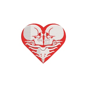 Skeleton couple embroidery design featuring two skulls facing each other inside a red heart, with skeletal arms embracing below.