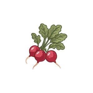 Peut inclure: Motif brodé de trois radis rouges avec des feuilles et des tiges vertes. Les radis ont un aspect texturé, avec un motif de point détaillé. Les feuilles sont de couleur vert clair et les tiges sont vert foncé.
