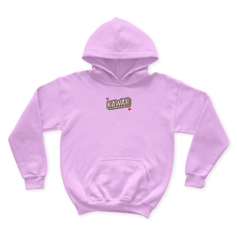 May include: A light purple hoodie with the word "KAWAII" in a colorful, 3D-style font on the front. Two small pink hearts are on either side of the word.